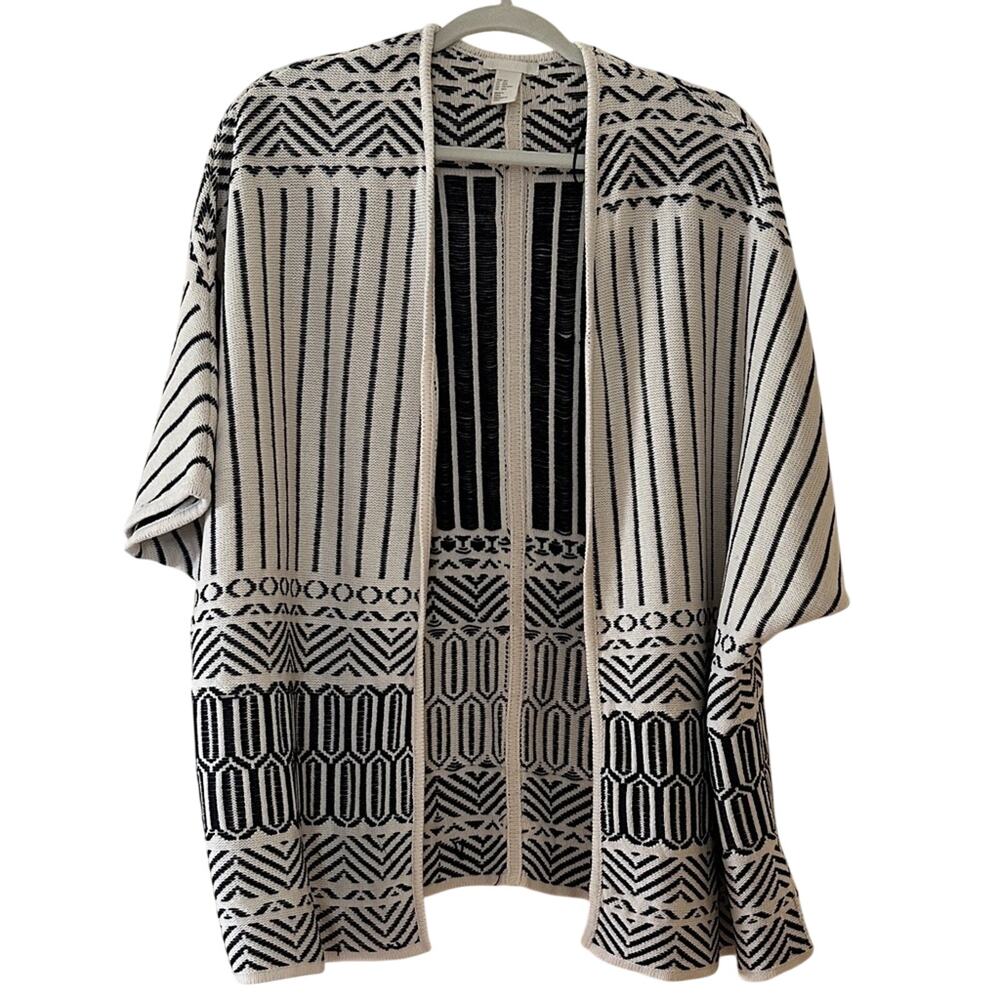 H&M Black Ivory Geometric Knit Sweater Top Oversized Fair Isle M/L - Picture 3 of 8